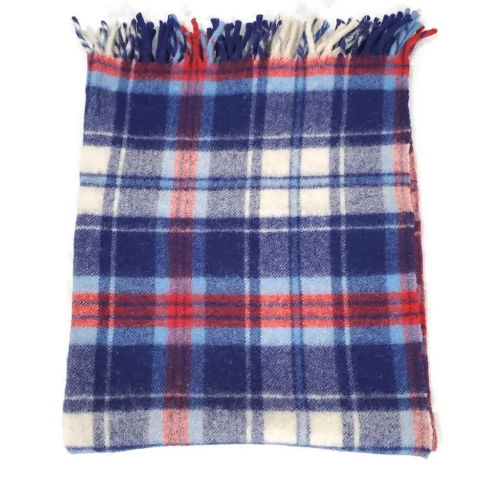 Vintage Curvon Royal Pure Wool Blue Plaid Lap Blanket 34.5
